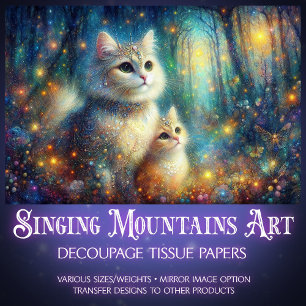 Whimsical Watercolor Fairy Forest Cats Decoupage  Tissue Paper