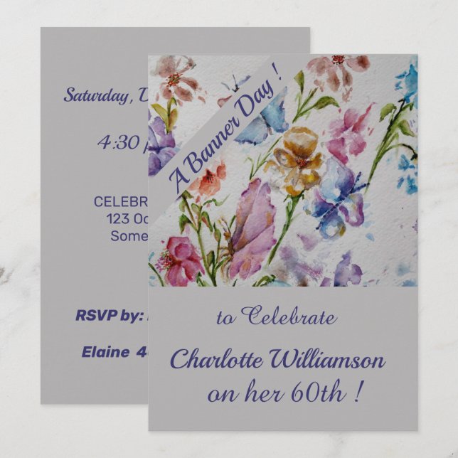 Whimsical Watercolor Floral Birthday Invitation (Front/Back)
