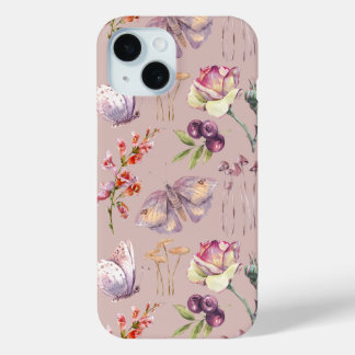 Whimsical Watercolor Floral Butterfly Mushroom iPhone 15 Case