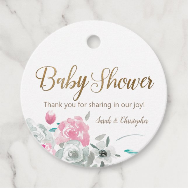 Whimsical Watercolor floral Custom Baby shower Favour Tags (Front)