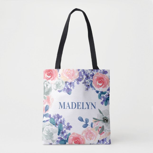 Whimsical Watercolor Floral Customizable Name Tote Bag (Front)