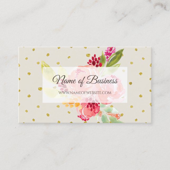 Whimsical Watercolor Floral Gold Glitter Dots Business Card (Front)