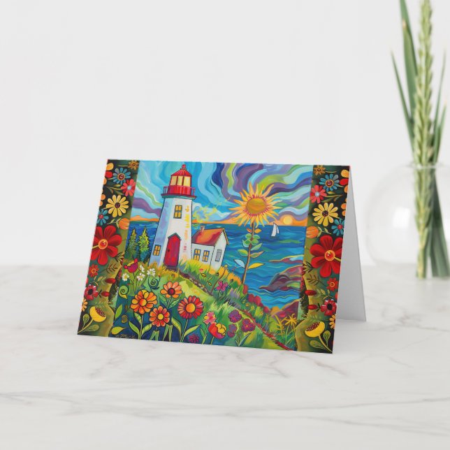 Whimsical Watercolor Floral Light House Blank Card (Front)