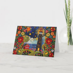 Whimsical Watercolor Floral Light House Blank Card