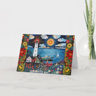 Whimsical Watercolor Floral Light House Blank Card
