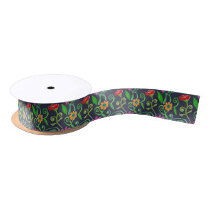 Whimsical Watercolor Floral Navy Blue Satin Ribbon