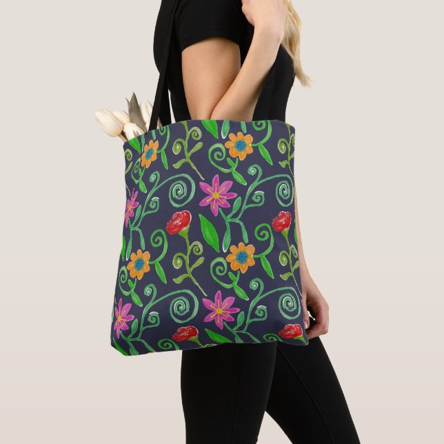 Whimsical Watercolor Floral Navy Blue Tote Bag (Close Up)