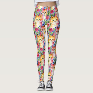 Whimsical Watercolor Flowers and Cats Colourful Leggings