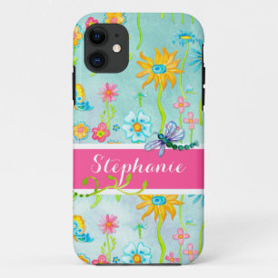Whimsical Watercolor Flowers Dragonfly Butterfly iPhone 11 Case