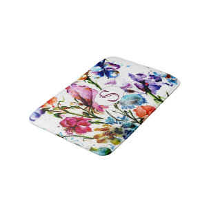Whimsical Watercolor Flowers with Monogram Bath Mat