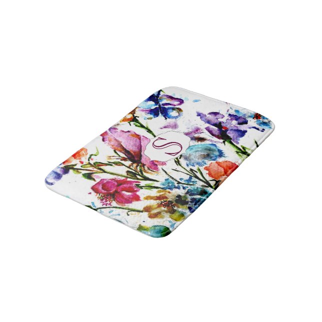 Whimsical Watercolor Flowers with Monogram Bath Mat (Angled)