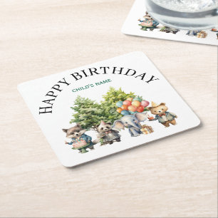 Whimsical Watercolor Forest Birthday Square Paper Coaster