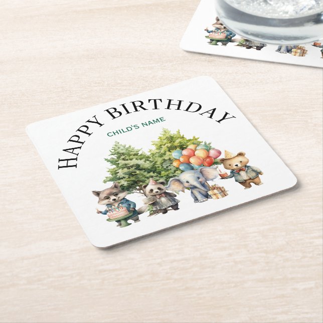 Whimsical Watercolor Forest Birthday Square Paper Coaster (Angled)