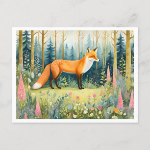 Whimsical Watercolor Fox in Forest Postcard