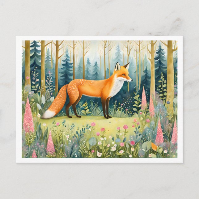 Whimsical Watercolor Fox in Forest Postcard (Front)