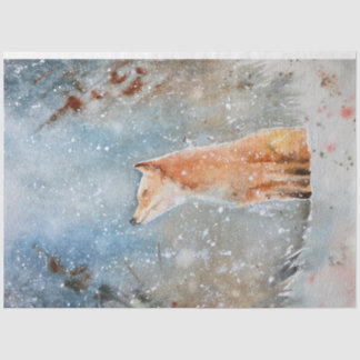 Whimsical Watercolor Fox in Snow Forest Christmas Tissue Paper