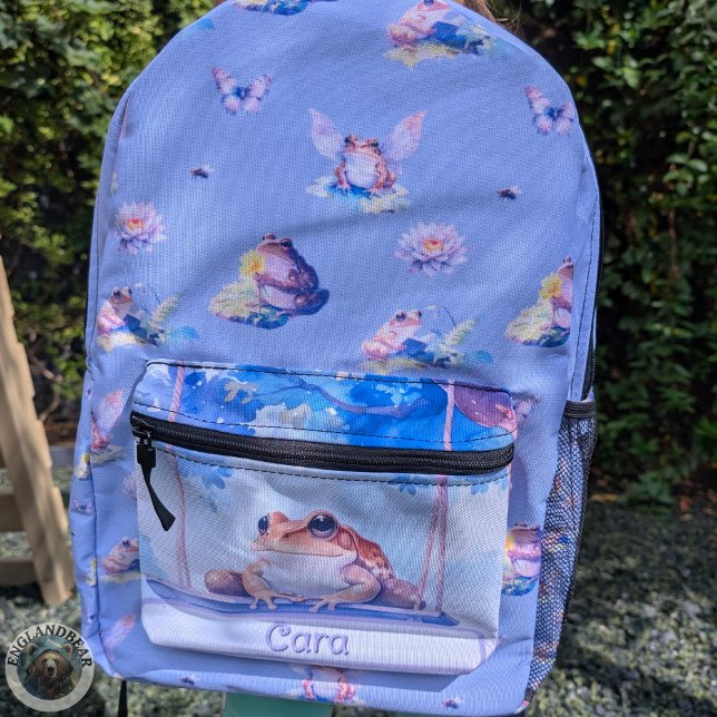 Whimsical Watercolor Frog on a Swing Woodland  Printed Backpack (The "Whispering Fen" Collection | Whimsical Frogs back to school kids backpack Full Product Photo)