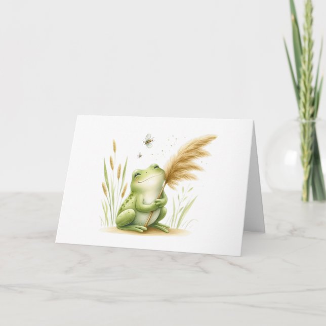 Whimsical Watercolor Frog with Pampas Grass Blank  Card (Front)