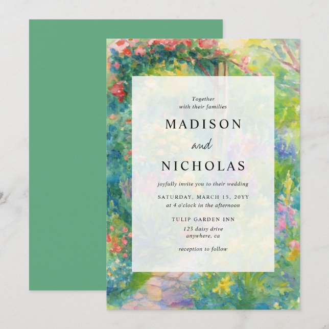 Whimsical Watercolor Garden Themed Wedding Invitation (Front/Back)