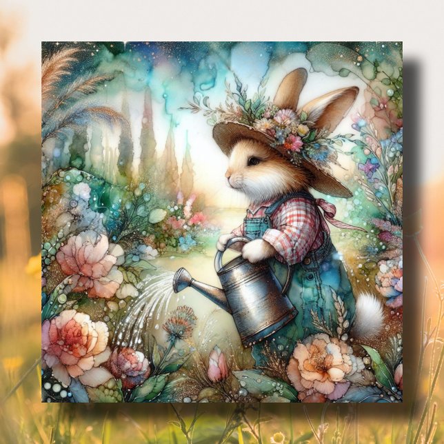 Whimsical Watercolor Gardener Rabbit Easter Holiday Card (Creator Uploaded)