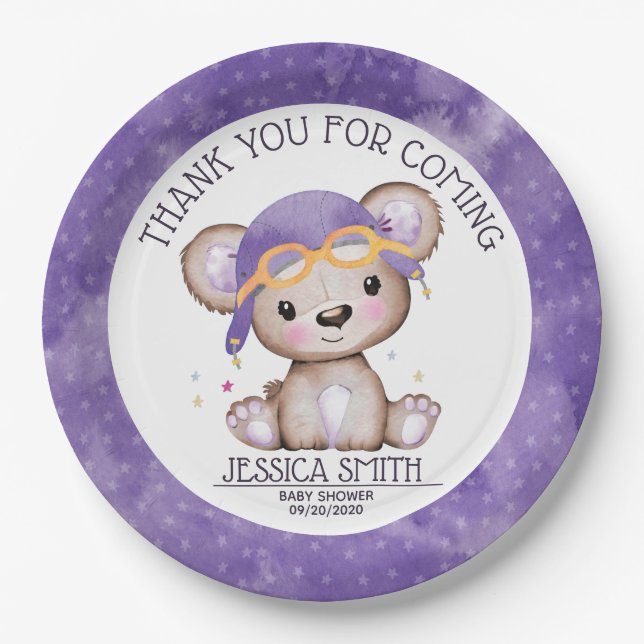 Whimsical Watercolor Girl Pilot Teddy Bear Paper Plate (Front)