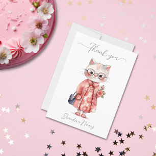 Whimsical Watercolor Granny Cat Floral Thank You Card