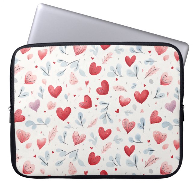 Whimsical Watercolor Hearts and Leaves Pattern Laptop Sleeve (Front)