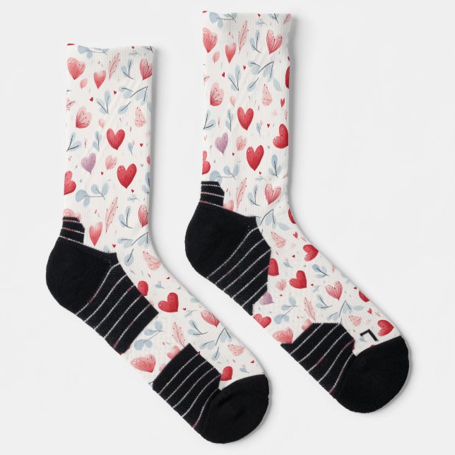 Whimsical Watercolor Hearts and Leaves Pattern Socks (Right)