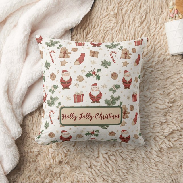 Whimsical Watercolor “Holly Jolly Christmas” Throw Pillow (Blanket)
