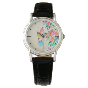 Whimsical watercolor hummingbird and flowers watch