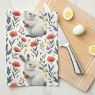 Whimsical Watercolor Meadow Bunny Easter Kitchen Towel