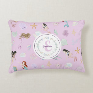 Whimsical Watercolor Mermaids Monogram Accent Pillow