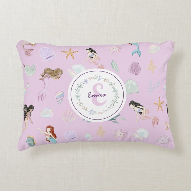 Whimsical Watercolor Mermaids Monogram Accent Pillow (Front)