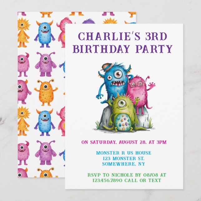 Whimsical Watercolor Monsters Kid's Birthday Party Invitation (Front/Back)