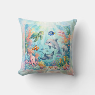 Whimsical Watercolor Ocean Animals Under the Sea Throw Pillow