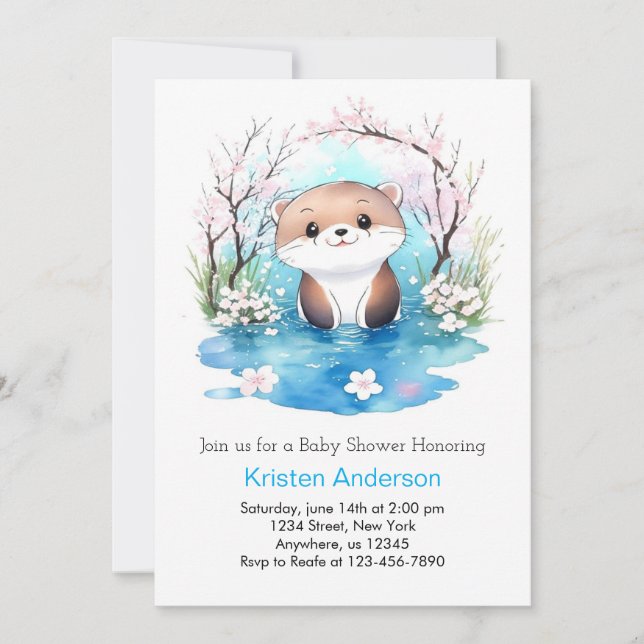 Whimsical Watercolor Otter Blue Boy Baby Shower Invitation (Front)