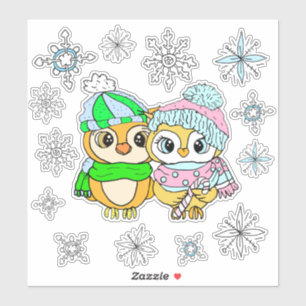 Whimsical Watercolor Owls Couple and Snowflakes