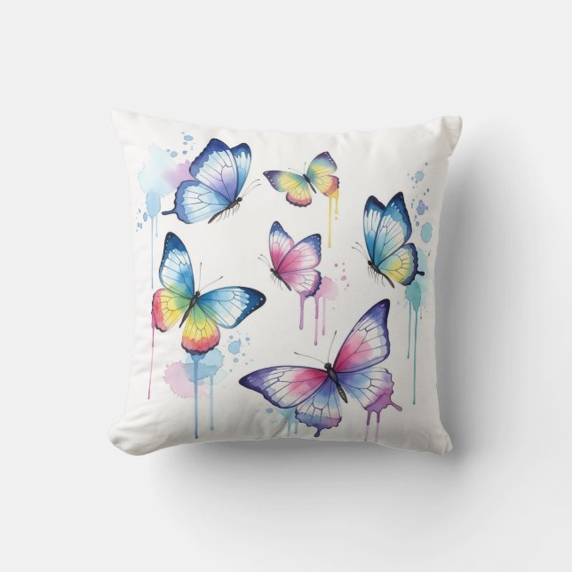 Whimsical Watercolor Pastel Butterfly Drip Throw Pillow (Front)