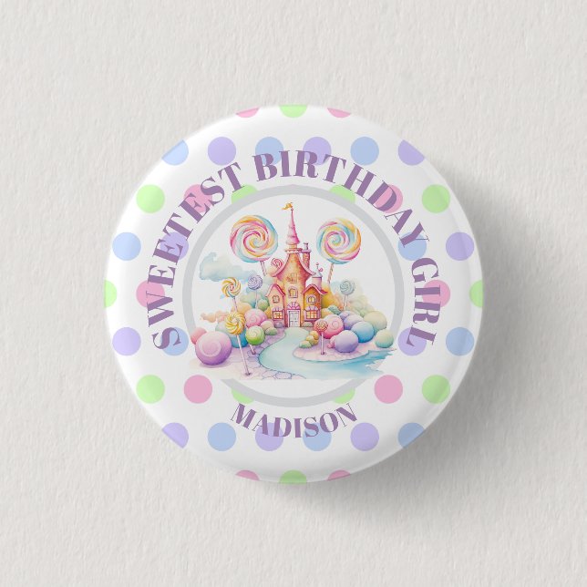 Whimsical Watercolor Pastel Candyland Birthday 1 Inch Round Button (Front)