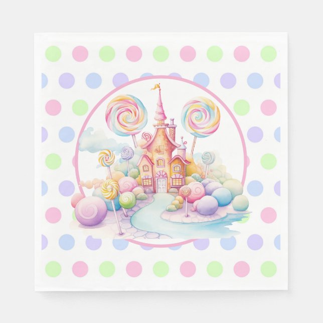 Whimsical Watercolor Pastel Candyland Birthday Napkin (Front)