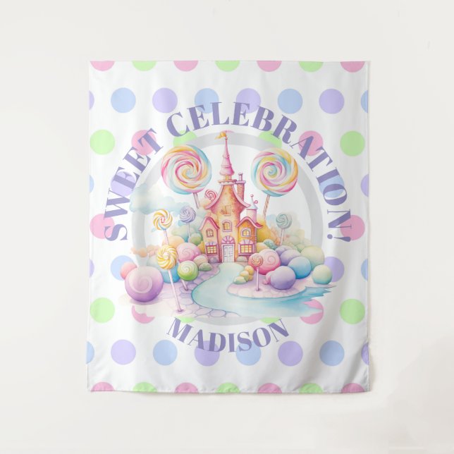 Whimsical Watercolor Pastel Candyland Birthday Tapestry (Front)