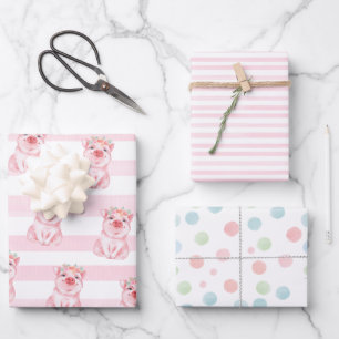 Whimsical Watercolor Pig Girly Wrapping Paper Sheet