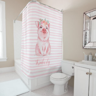 Whimsical Watercolor Pig Pink Stripes