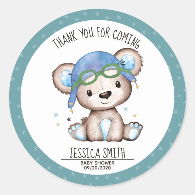 Whimsical Watercolor Pilot Teddy Bear Classic Round Sticker (Front)