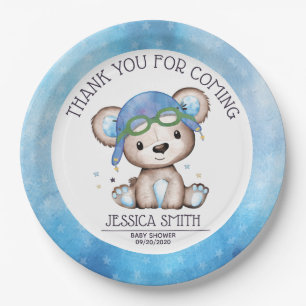 Whimsical Watercolor Pilot Teddy Bear Paper Plate