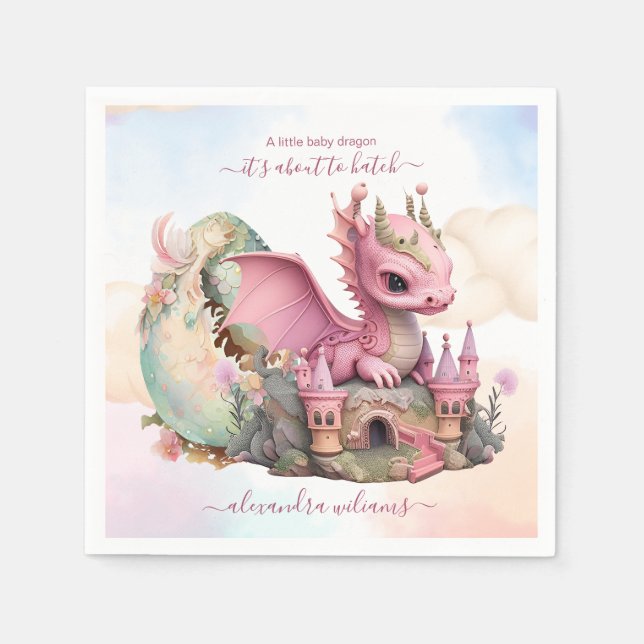 Whimsical Watercolor Pink Dragon Baby Shower Napkin (Front)