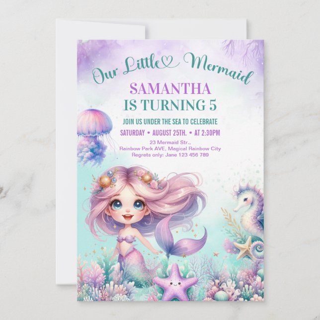 Whimsical watercolor purple mermaid 5th birthday invitation (Front)