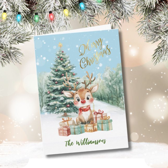Whimsical Watercolor Reindeer Christmas Tree  Card (Creator Uploaded)