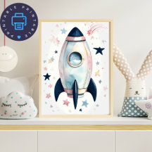 Whimsical Watercolor Rocket Ship with Pastel Stars