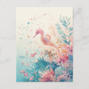 Whimsical Watercolor Seahorse Coral Reef Postcard